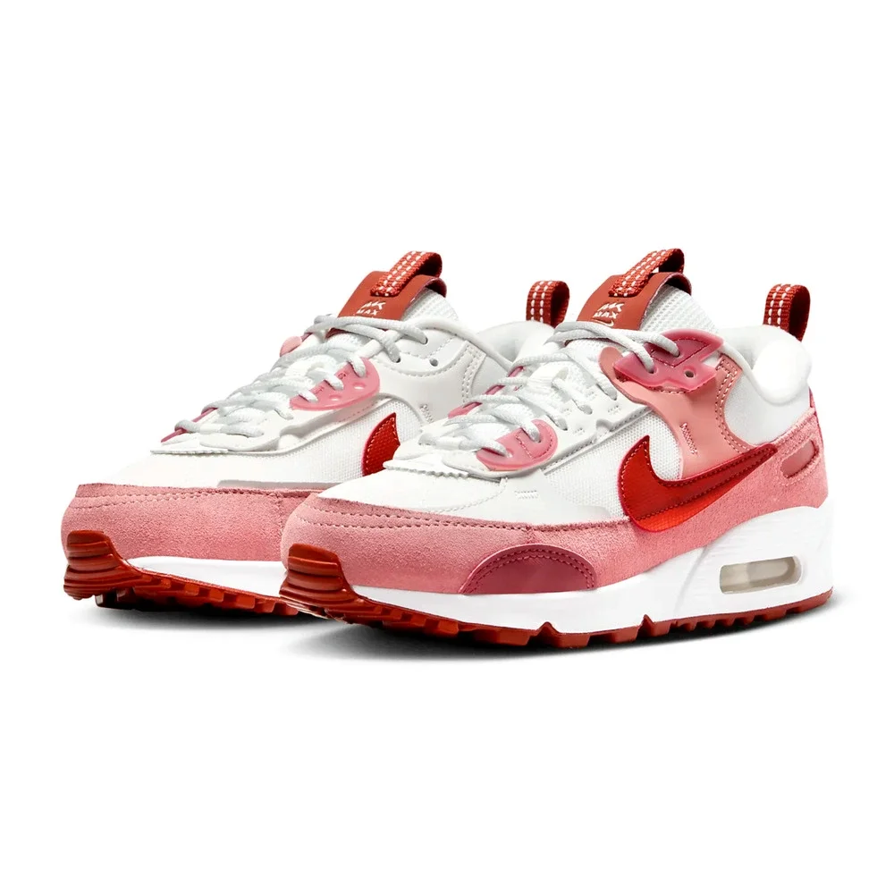Nike Women’s Air Max 90 Leather & Suede Sneakers in White, Pink & Red - Picture 2 of 7